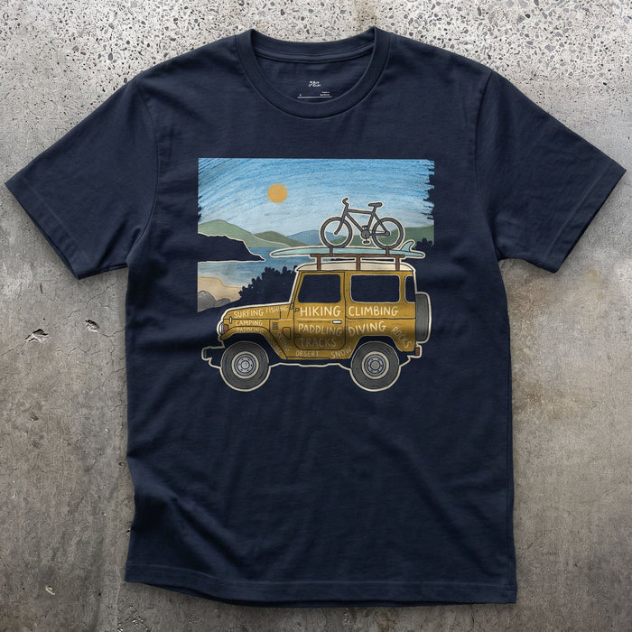 4x4 Beside the Water, Every Sport Painted On design on a Navy Gildan Softstyle t-shirt