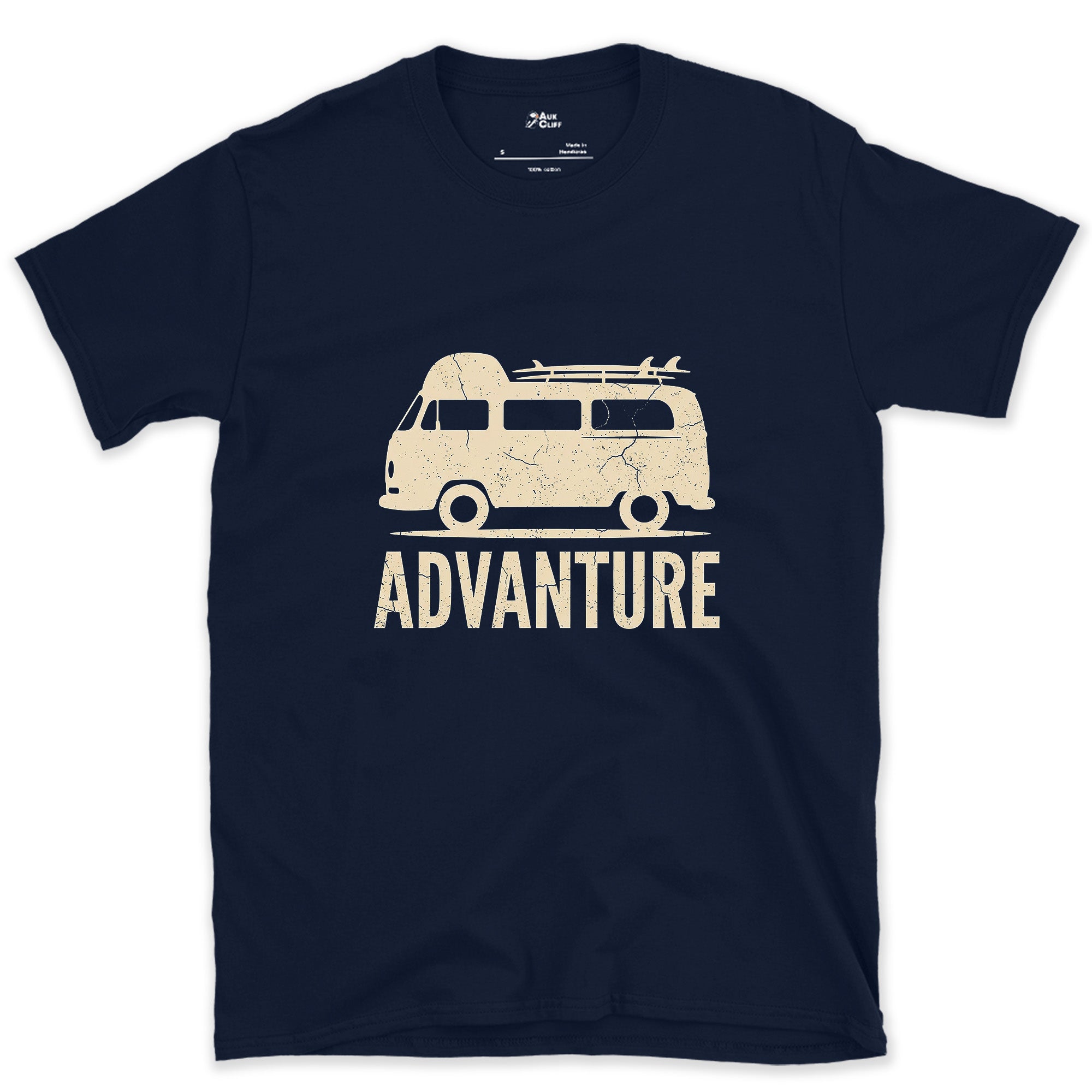 Advanture, Nothing But the Camper Van Outline design on a Navy Gildan Softstyle t-shirt