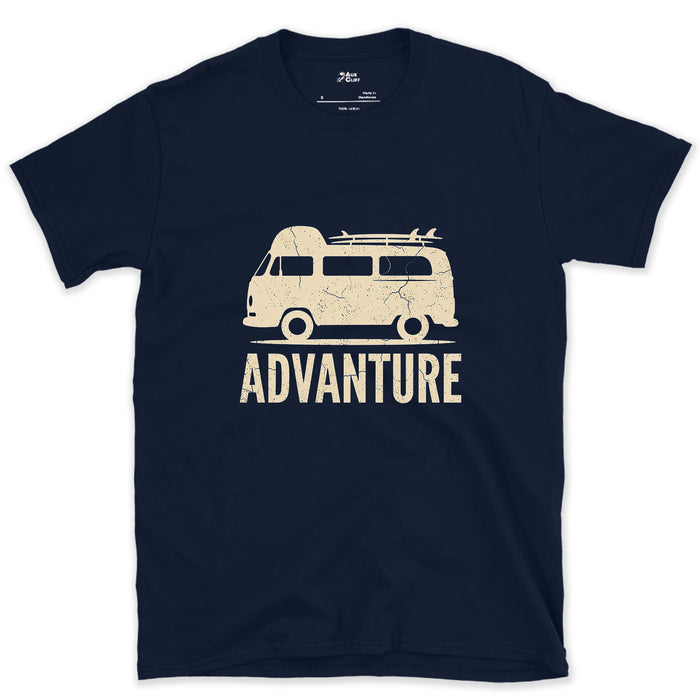 Advanture, Nothing But the Camper Van Outline design on a Navy Gildan Softstyle t-shirt