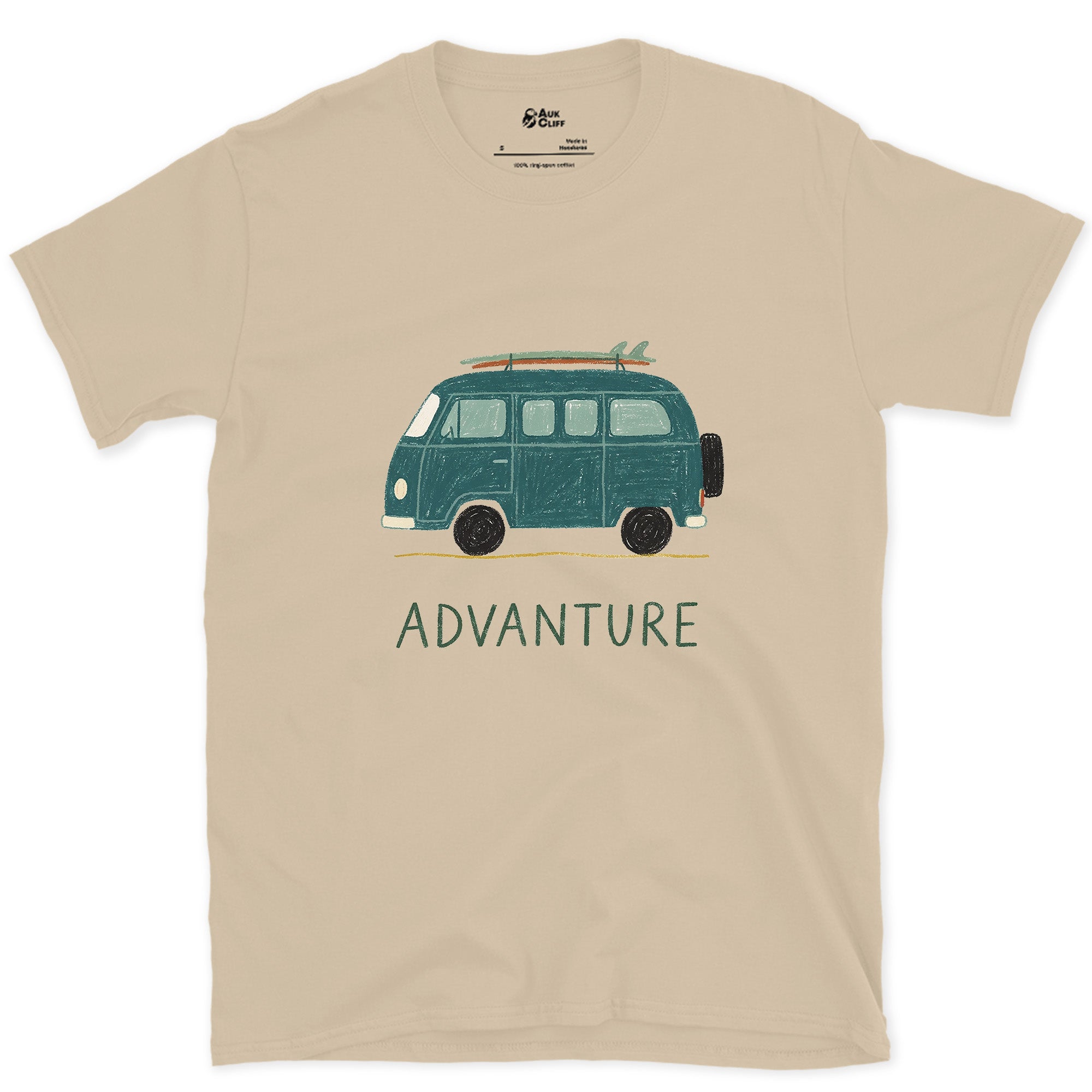 Advanture, Teal Van and a Board design on a Sand Gildan Softstyle t-shirt