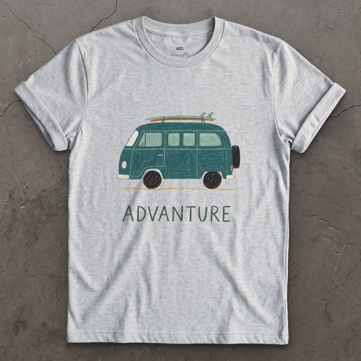 Advanture, Teal Van and a Board design on a Sport Grey Gildan Softstyle t-shirt