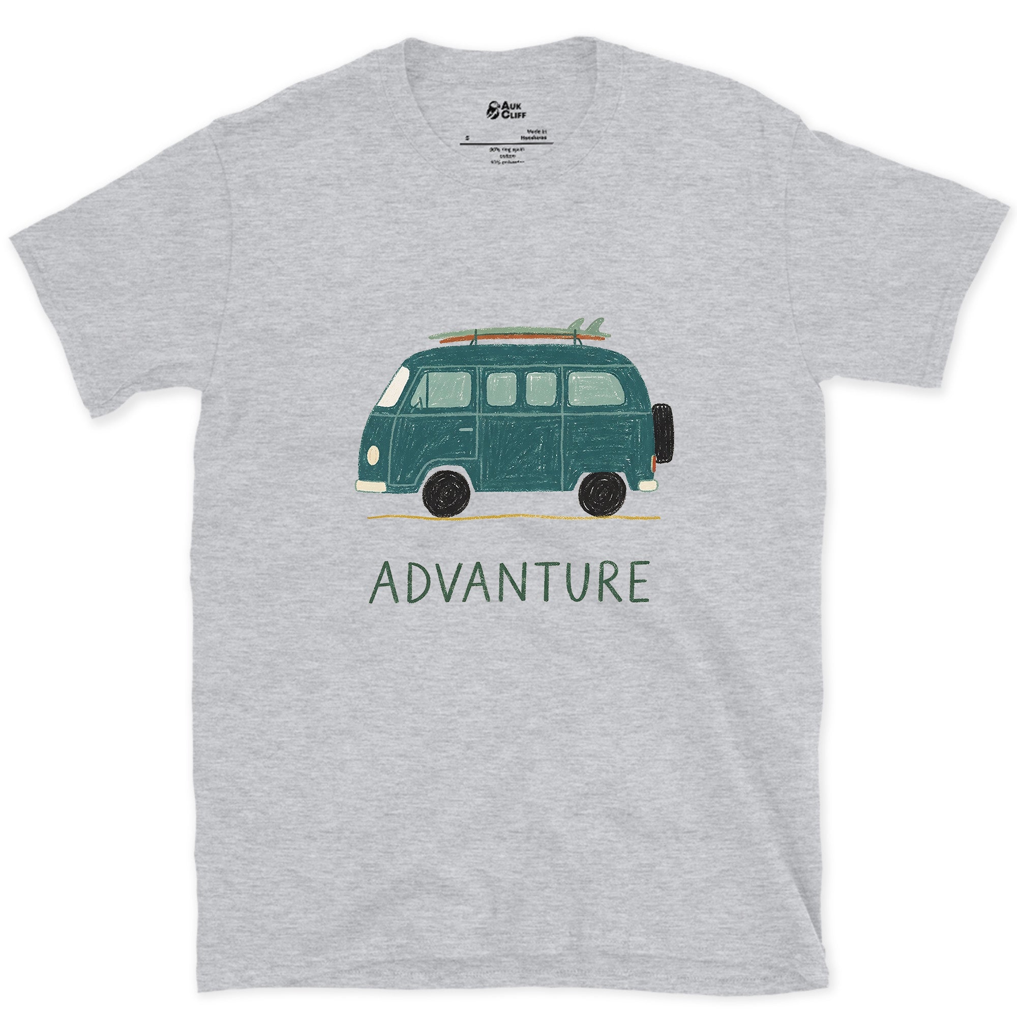 Advanture, Teal Van and a Board design on a Sport Grey Gildan Softstyle t-shirt