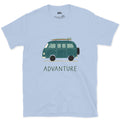 Advanture, Teal Van and a Board design on a Light Blue Gildan Softstyle t-shirt