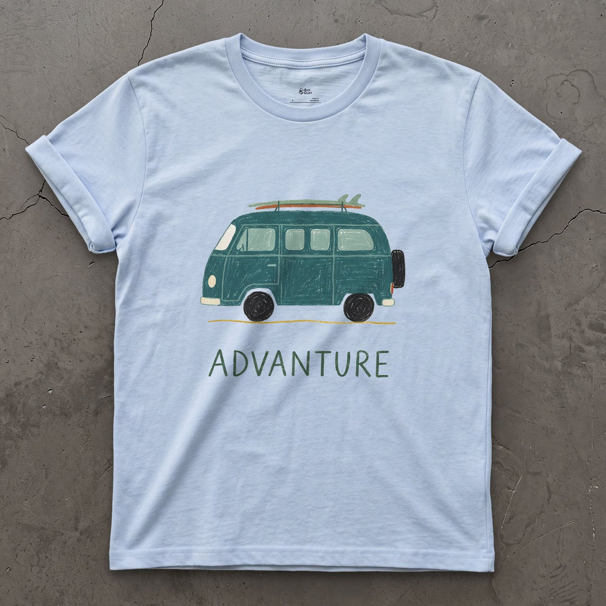 Advanture, Teal Van and a Board design on a Light Blue Gildan Softstyle t-shirt