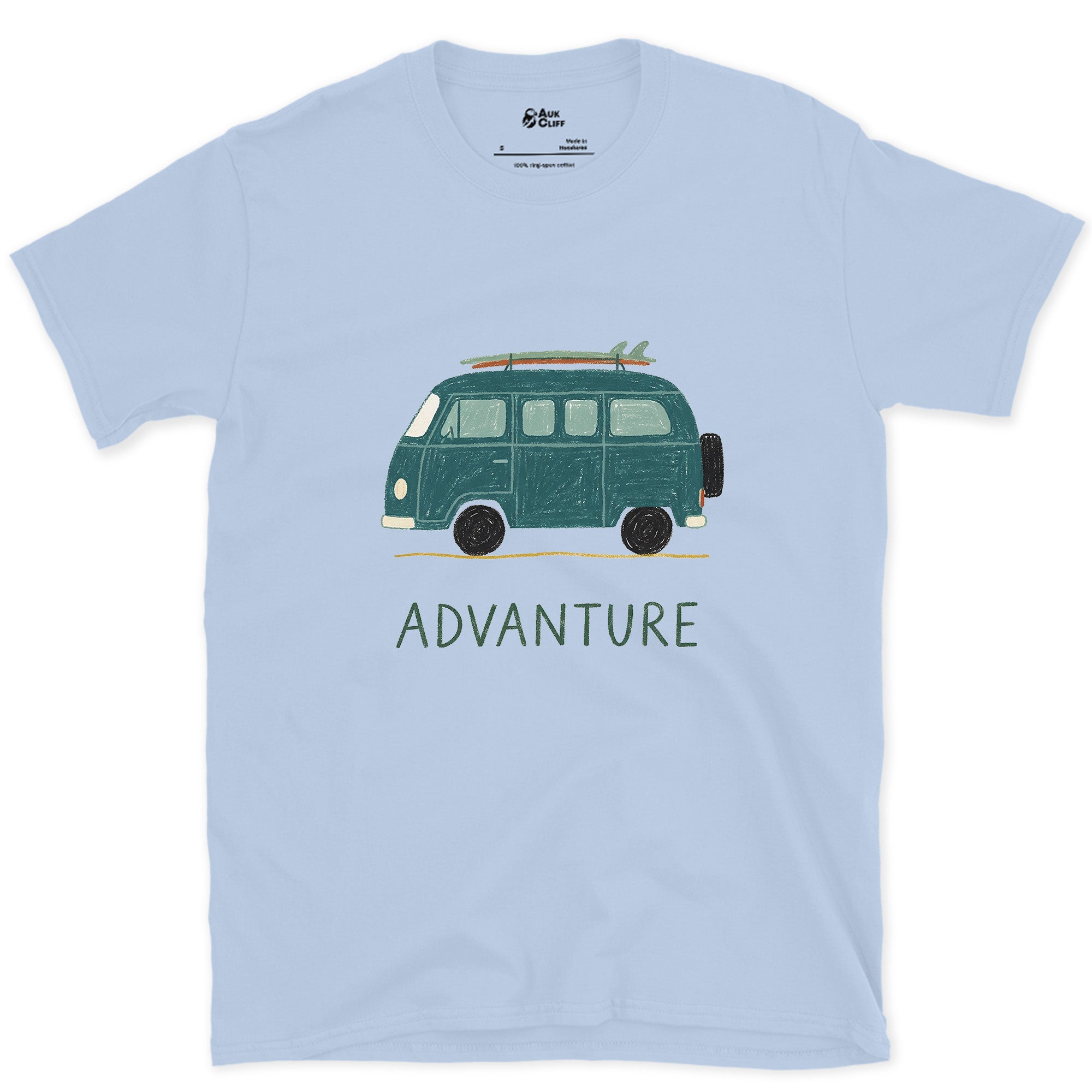 Advanture, Teal Van and a Board design on a Light Blue Gildan Softstyle t-shirt