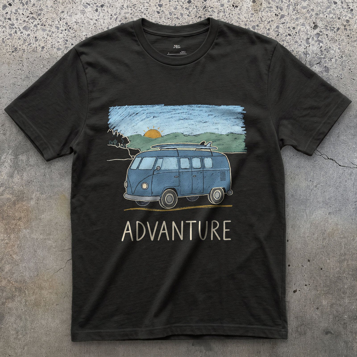 Advanture, Sunrise Behind the Blue Van design on a Black Gildan Softstyle t-shirt