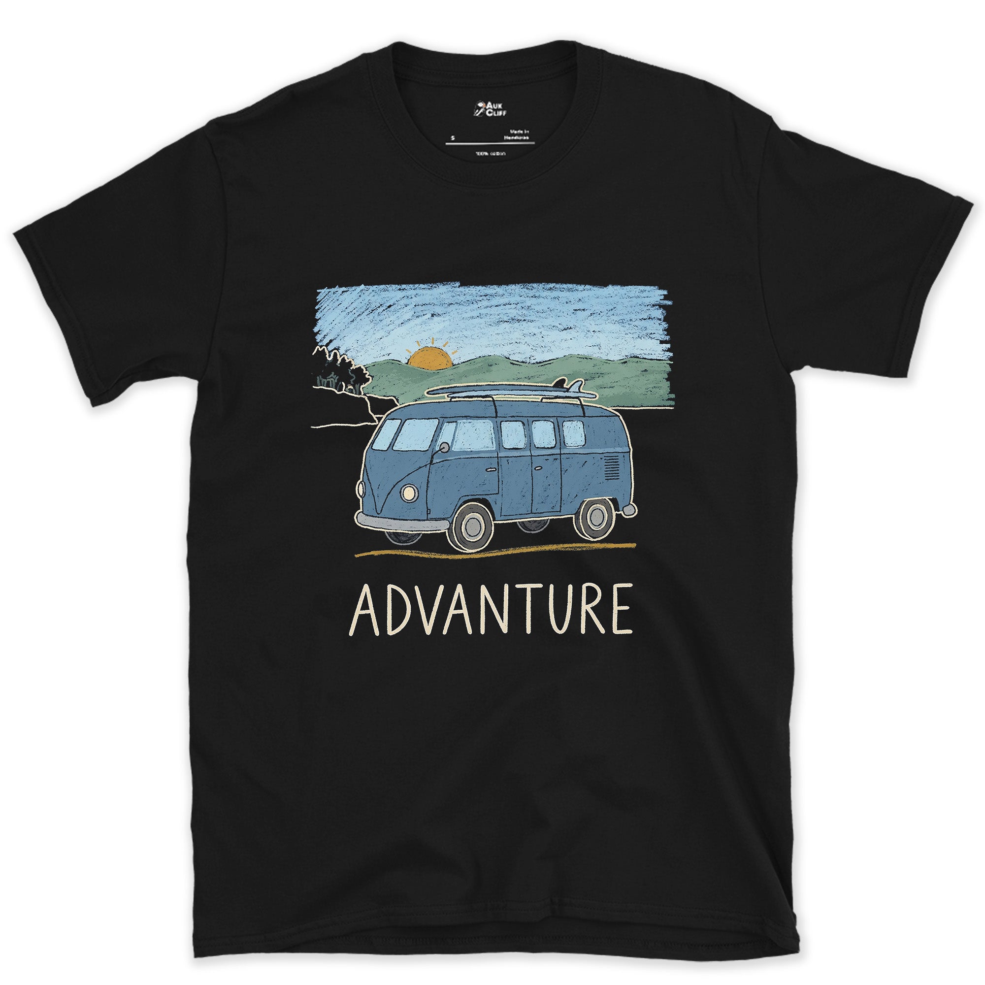 Advanture, Sunrise Behind the Blue Van design on a Black Gildan Softstyle t-shirt