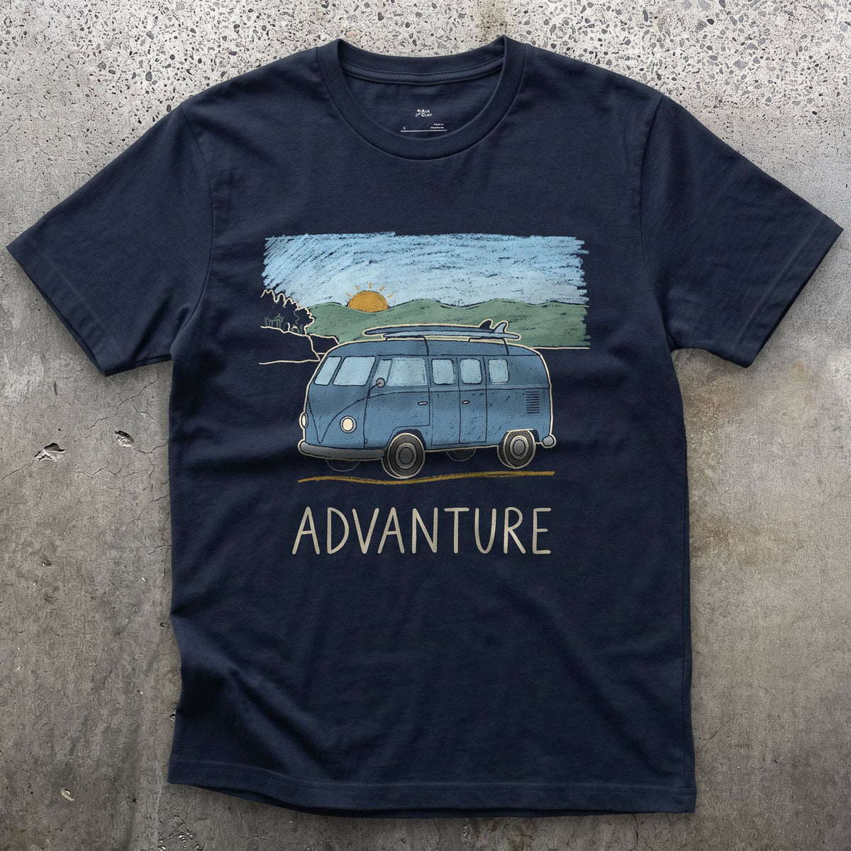 Advanture, Sunrise Behind the Blue Van design on a Navy Gildan Softstyle t-shirt