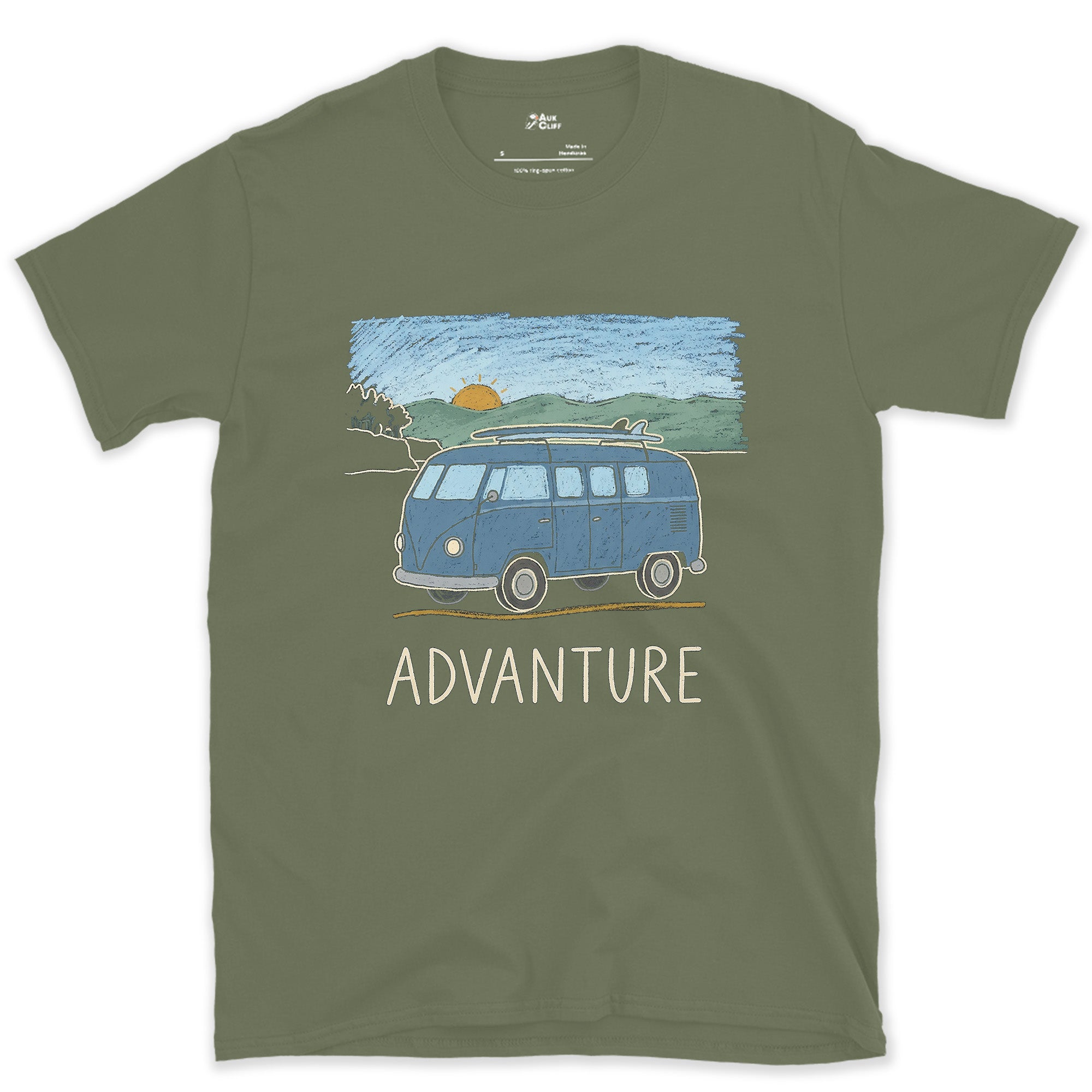 Advanture, Sunrise Behind the Blue Van design on a Military Green Gildan Softstyle t-shirt