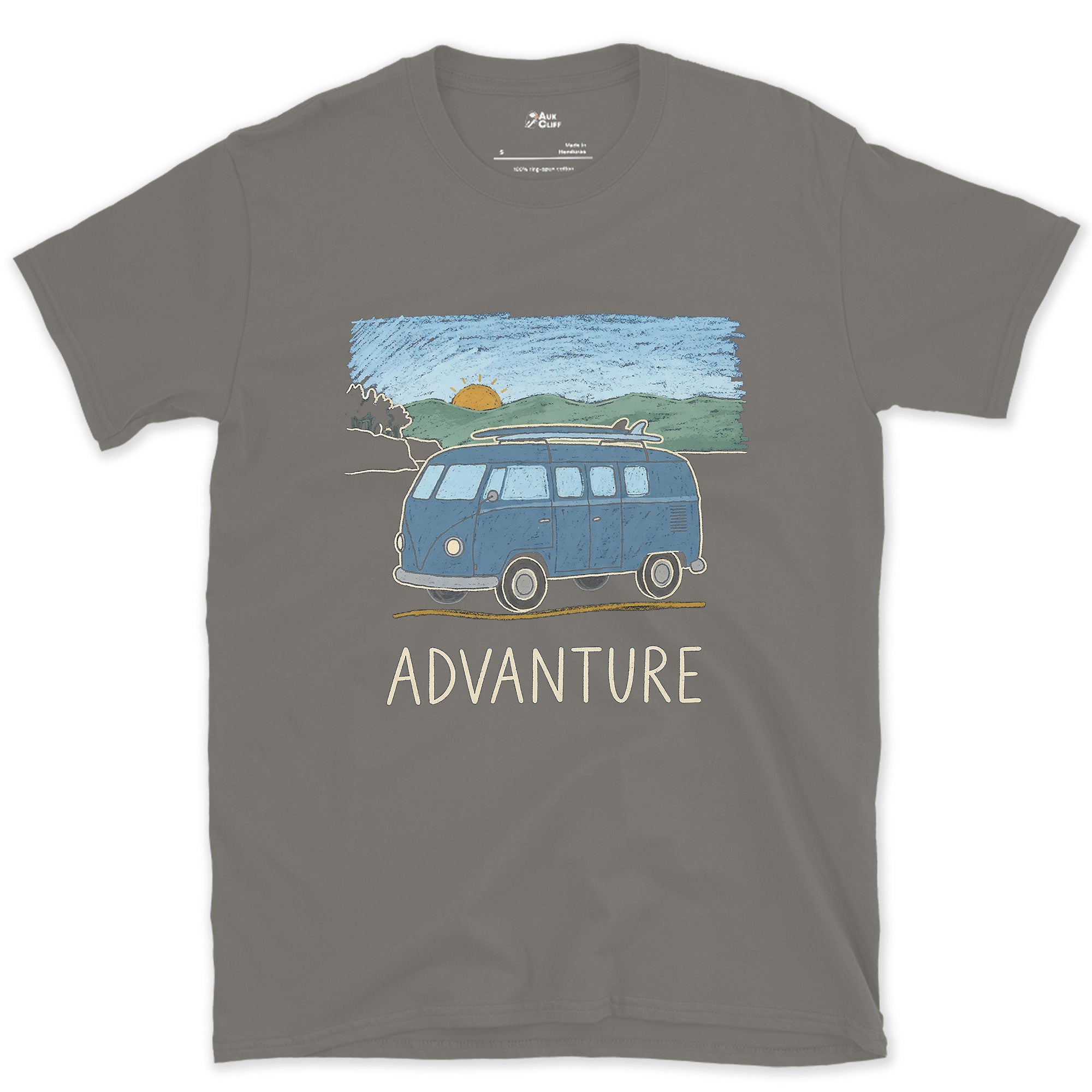 Advanture, Sunrise Behind the Blue Van design on a Charcoal Gildan Softstyle t-shirt
