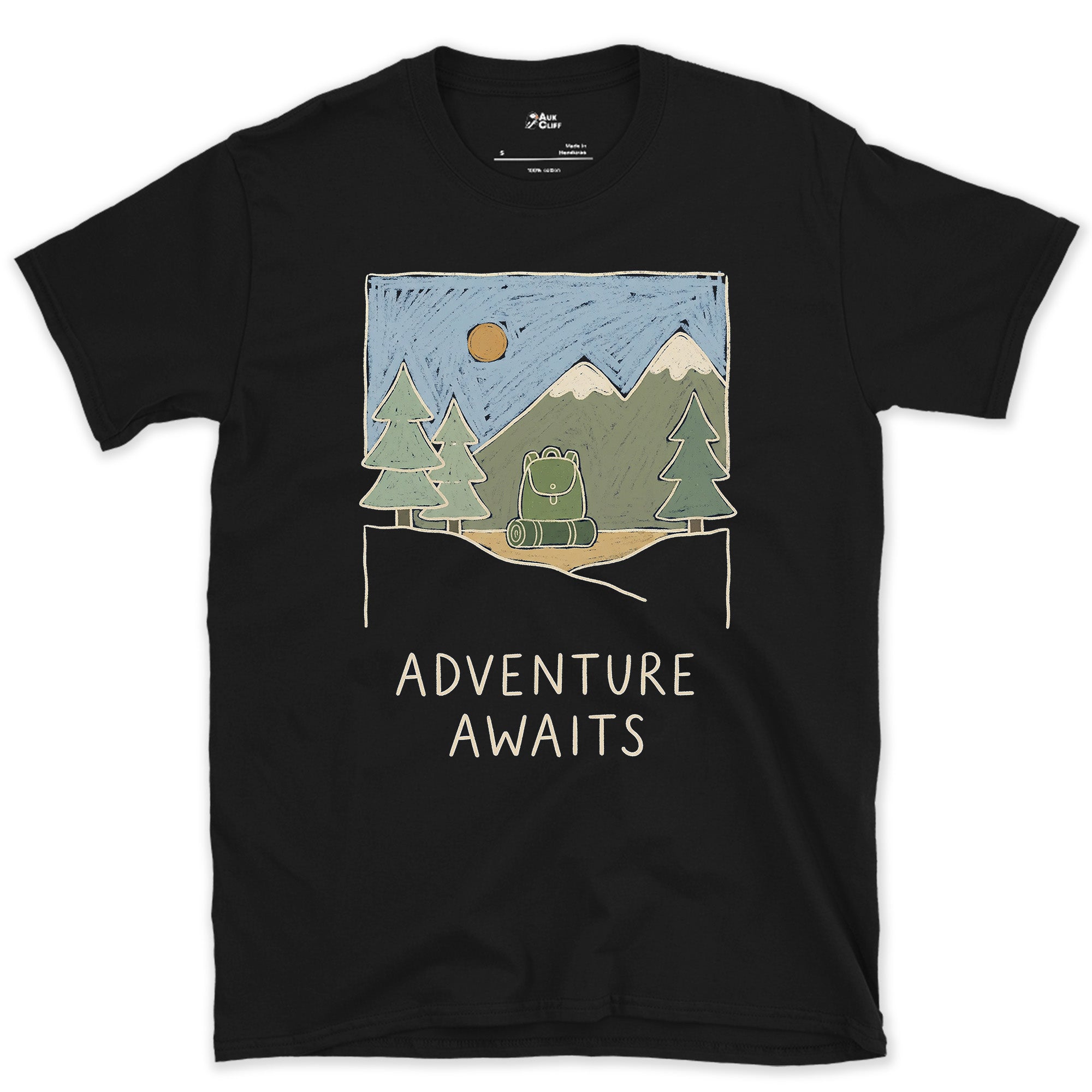 Adventure Awaits design on a Black Gildan Softstyle t-shirt