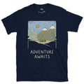 Adventure Awaits design on a Navy Gildan Softstyle t-shirt