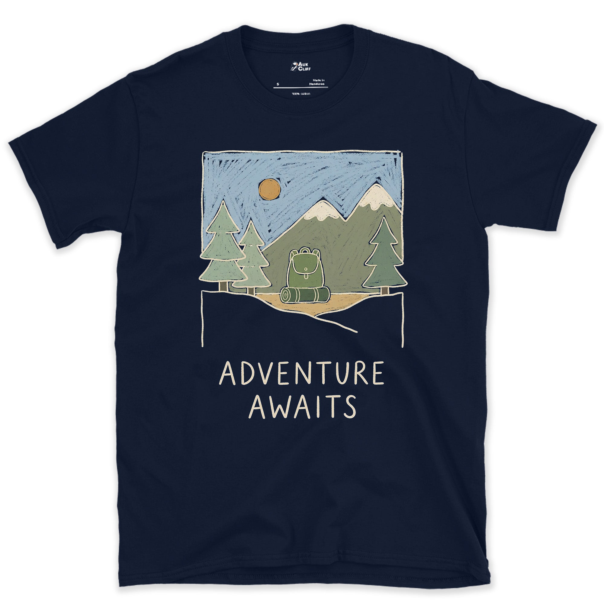 Adventure Awaits design on a Navy Gildan Softstyle t-shirt
