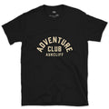Adventure Club Arch Badge design on a Black Gildan Softstyle t-shirt