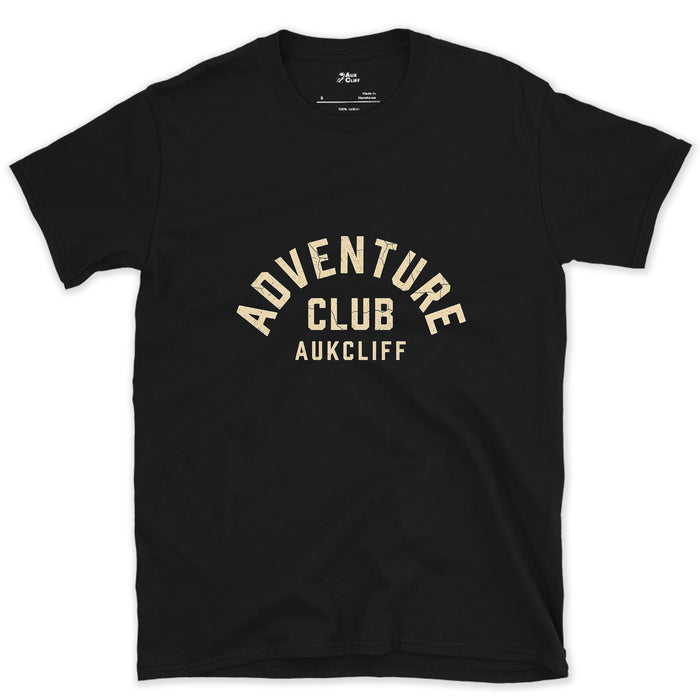 Adventure Club Arch Badge design on a Black Gildan Softstyle t-shirt