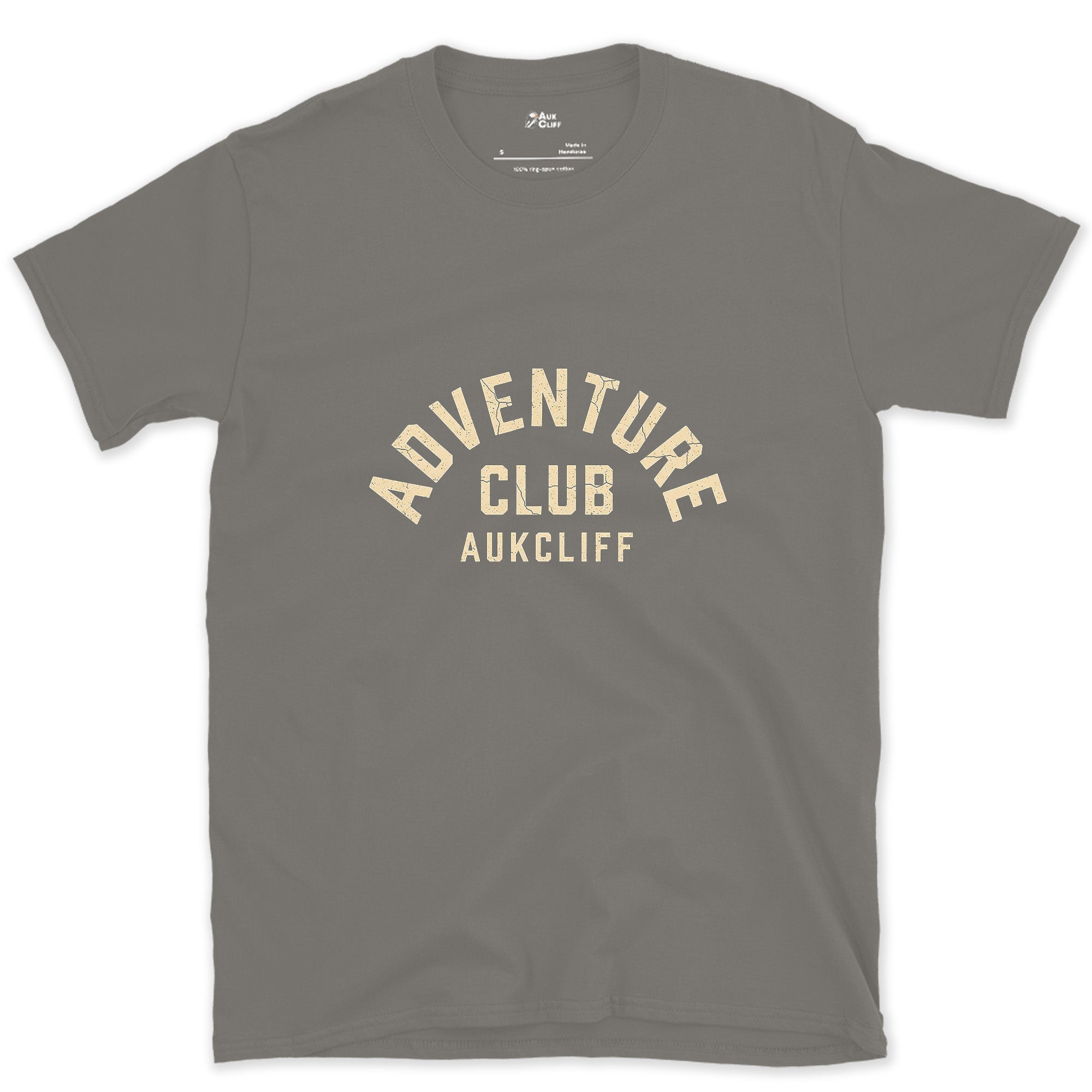 Adventure Club Arch Badge design on a Charcoal Gildan Softstyle t-shirt