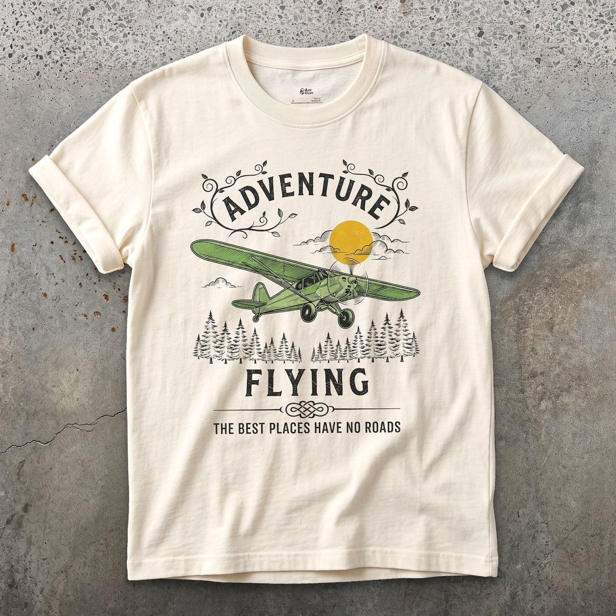 Adventure Flying, No Roads design on a Natural Gildan Softstyle t-shirt