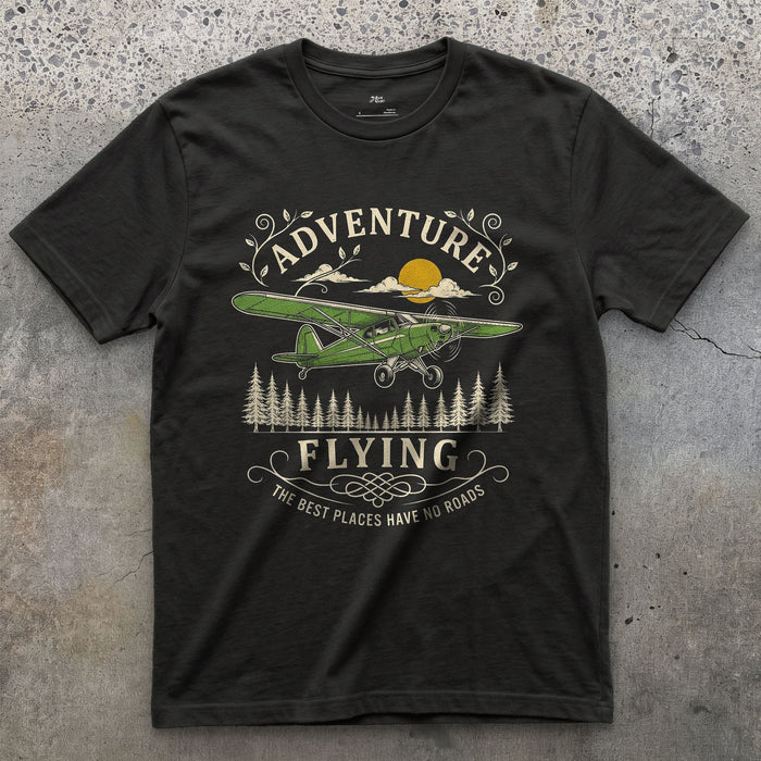 Adventure Flying, No Roads design on a Black Gildan Softstyle t-shirt