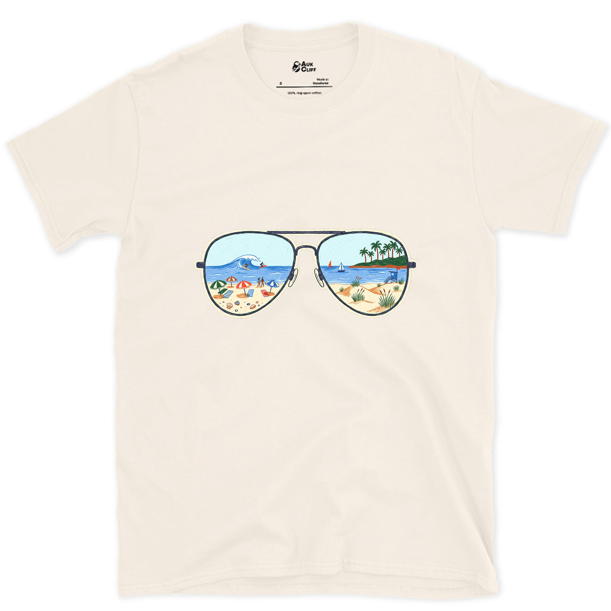Afternoon Surf in the Lenses, Aviators design on a Natural Gildan Softstyle t-shirt