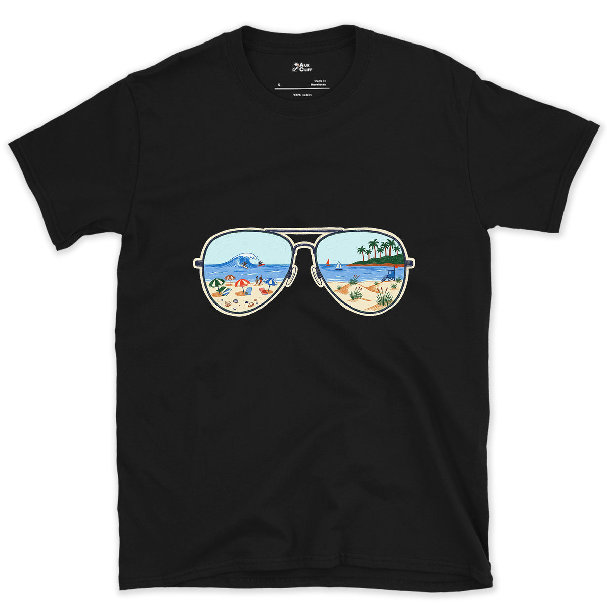 Afternoon Surf in the Lenses, Aviators design on a Black Gildan Softstyle t-shirt