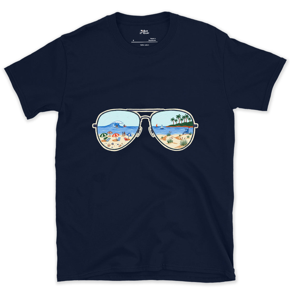 Afternoon Surf in the Lenses, Aviators design on a Navy Gildan Softstyle t-shirt