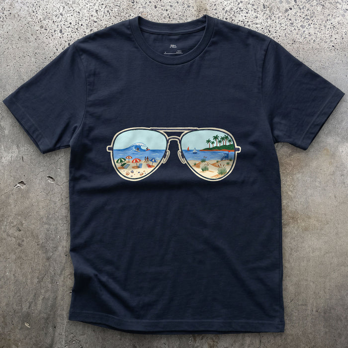 Afternoon Surf in the Lenses, Aviators design on a Navy Gildan Softstyle t-shirt