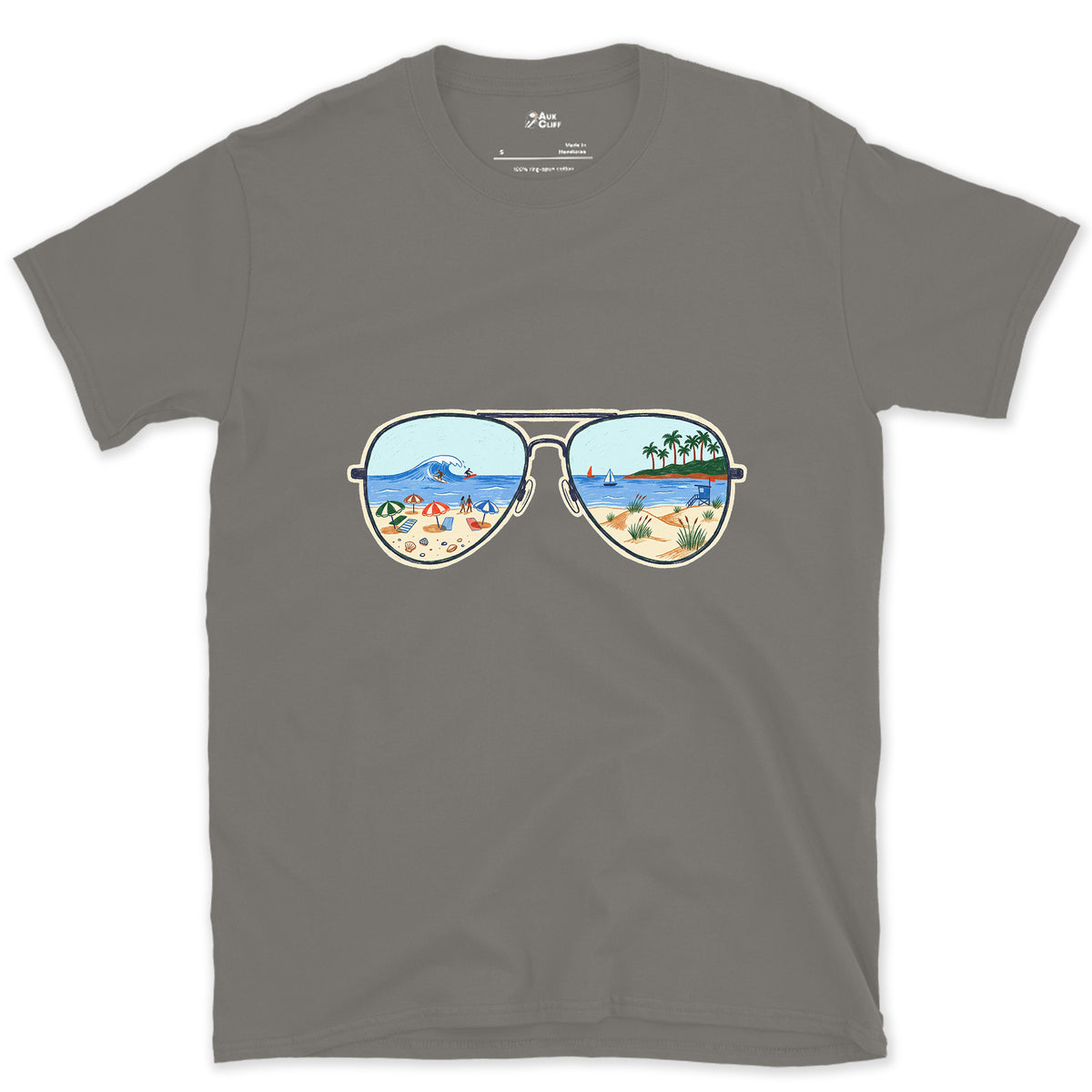 Afternoon Surf in the Lenses, Aviators design on a Charcoal Gildan Softstyle t-shirt