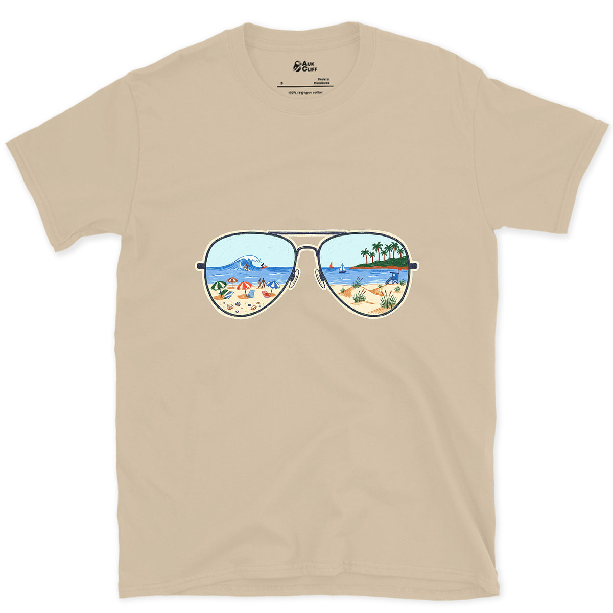 Afternoon Surf in the Lenses, Aviators design on a Sand Gildan Softstyle t-shirt