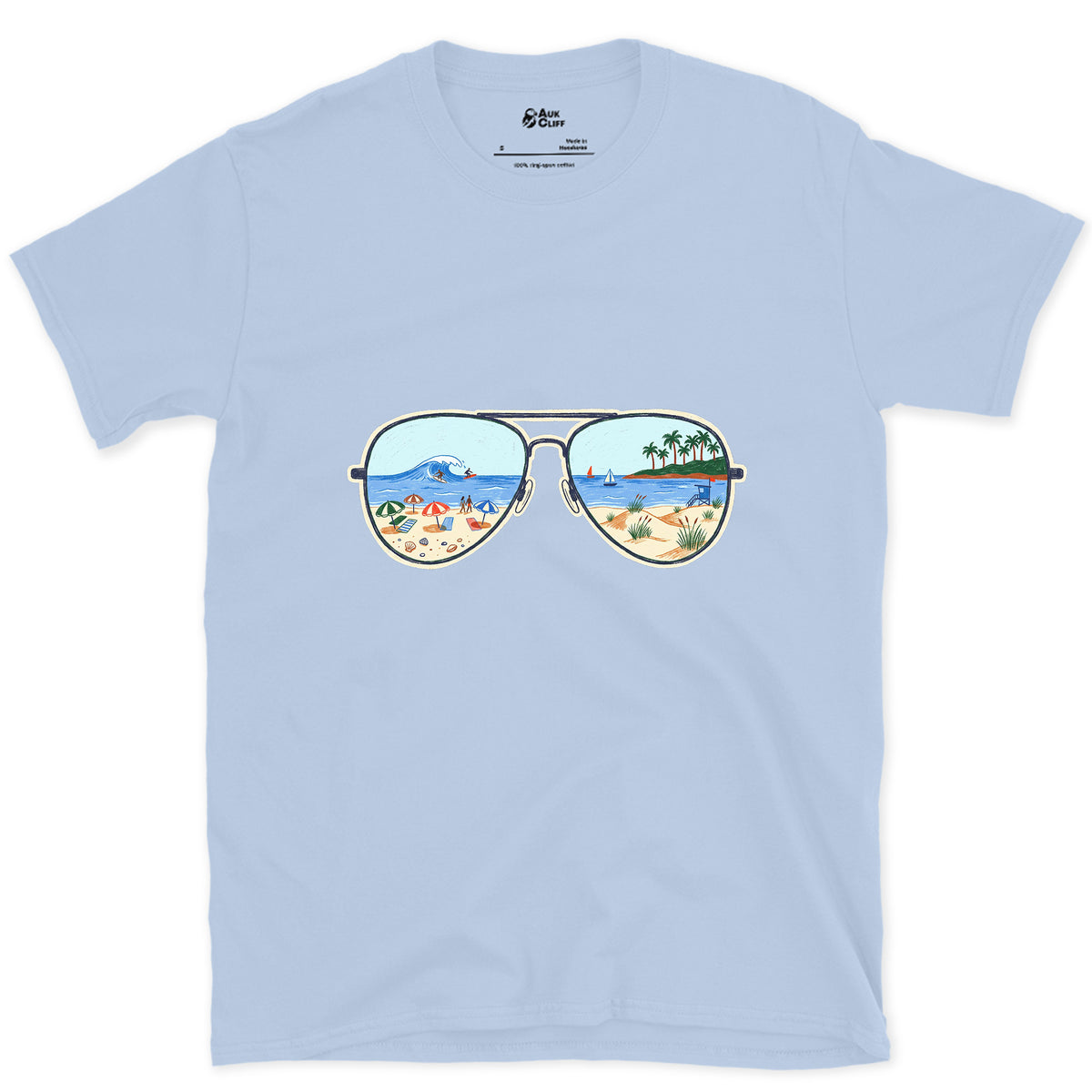 Afternoon Surf in the Lenses, Aviators design on a Light Blue Gildan Softstyle t-shirt