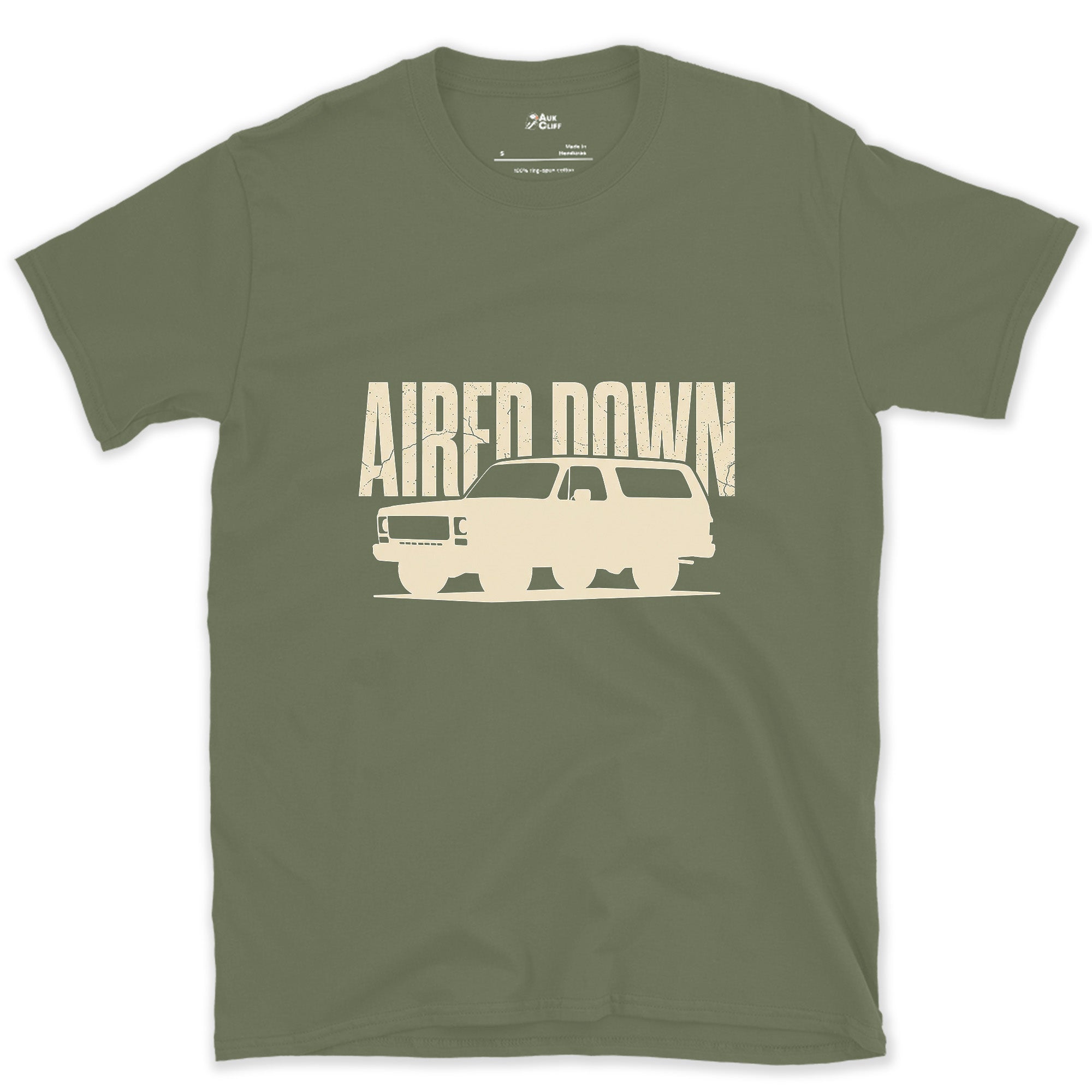 Top Billing Over a Small Dark Wagon design on a Military Green Gildan Softstyle t-shirt