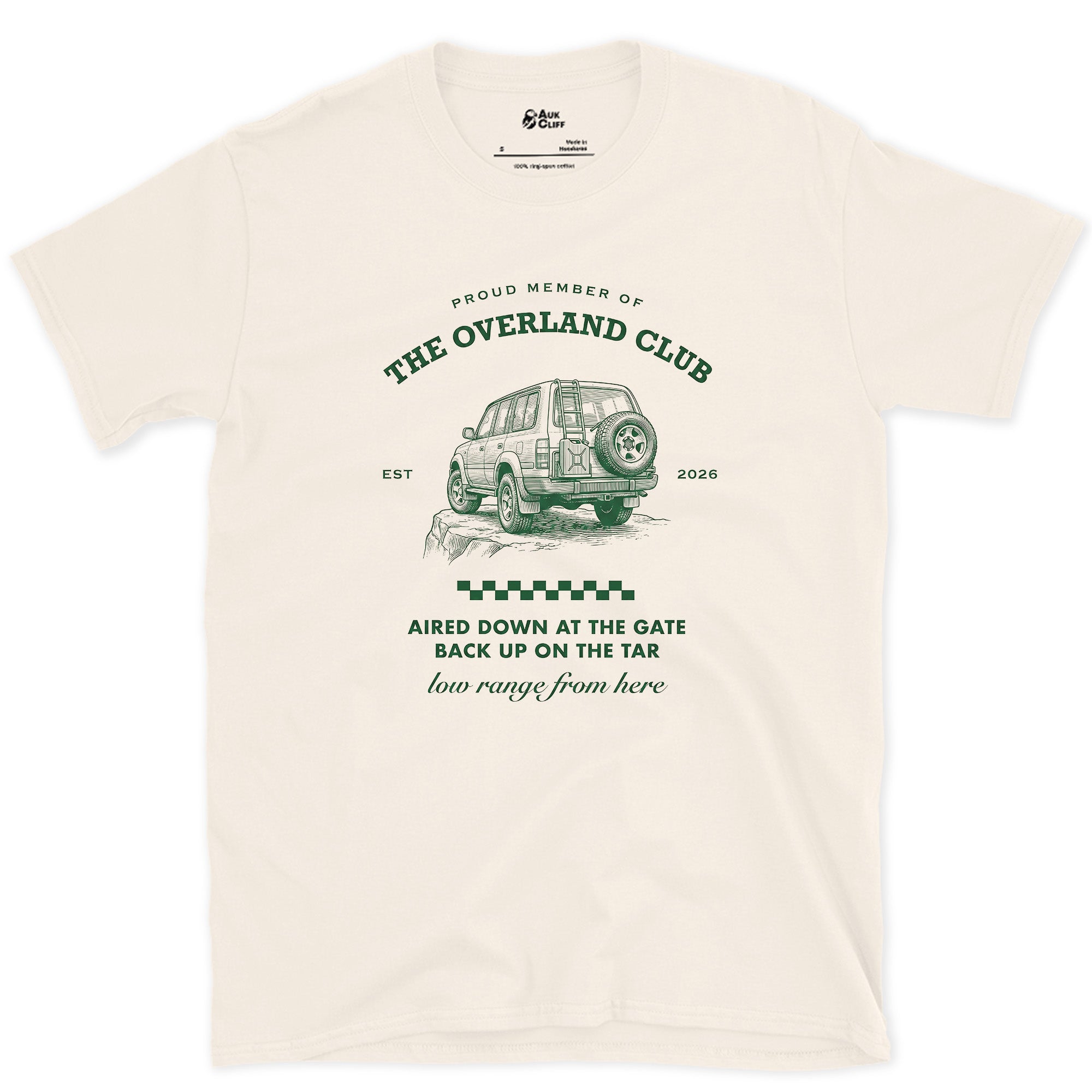 Aired Down at the Gate, Back Up on the Tar design on a Natural Gildan Softstyle t-shirt