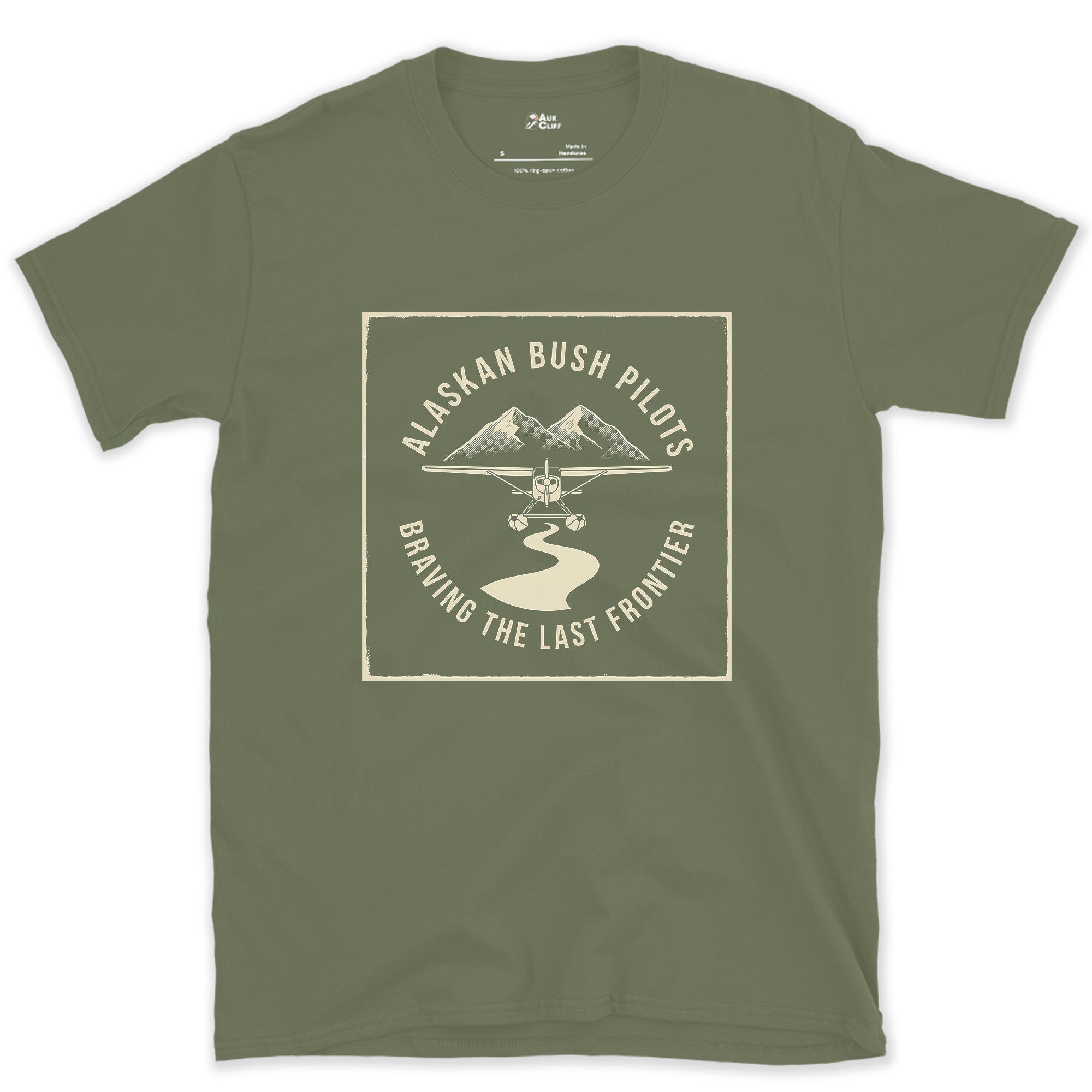 Alaskan Bush Pilots, Float Plane Badge design on a Military Green Gildan Softstyle t-shirt
