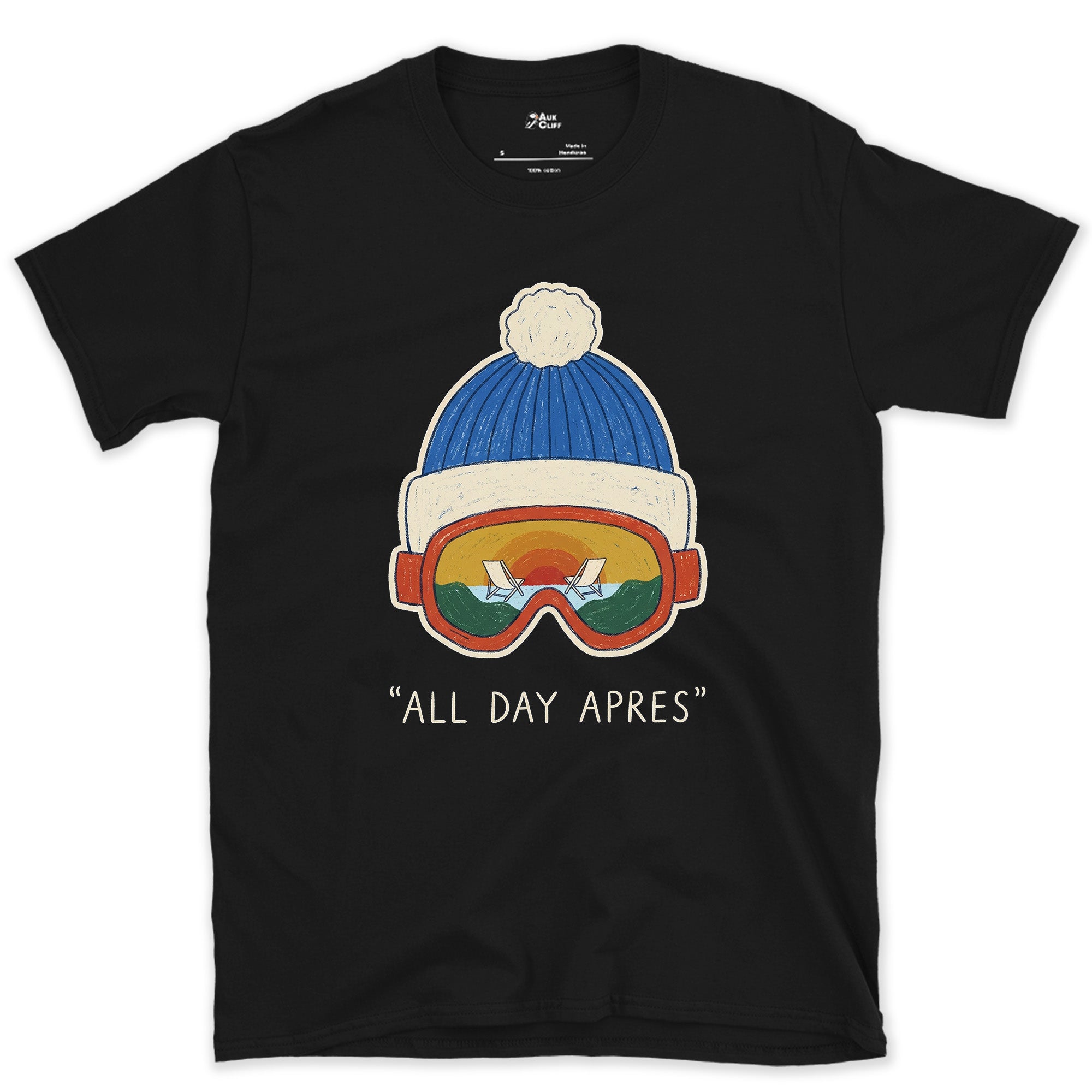 All Day Apres, Beanie and Goggles design on a Black Gildan Softstyle t-shirt