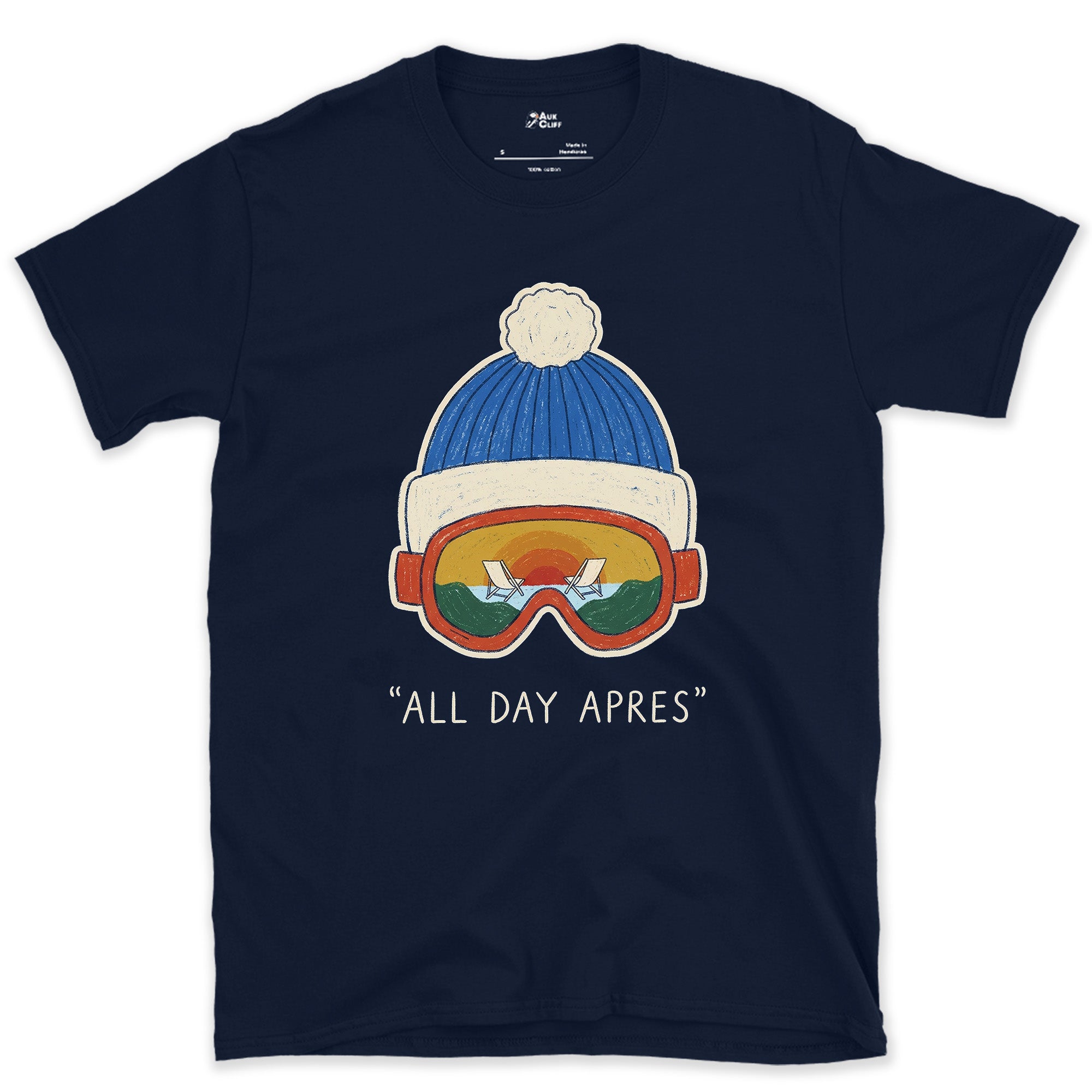 All Day Apres, Beanie and Goggles design on a Navy Gildan Softstyle t-shirt