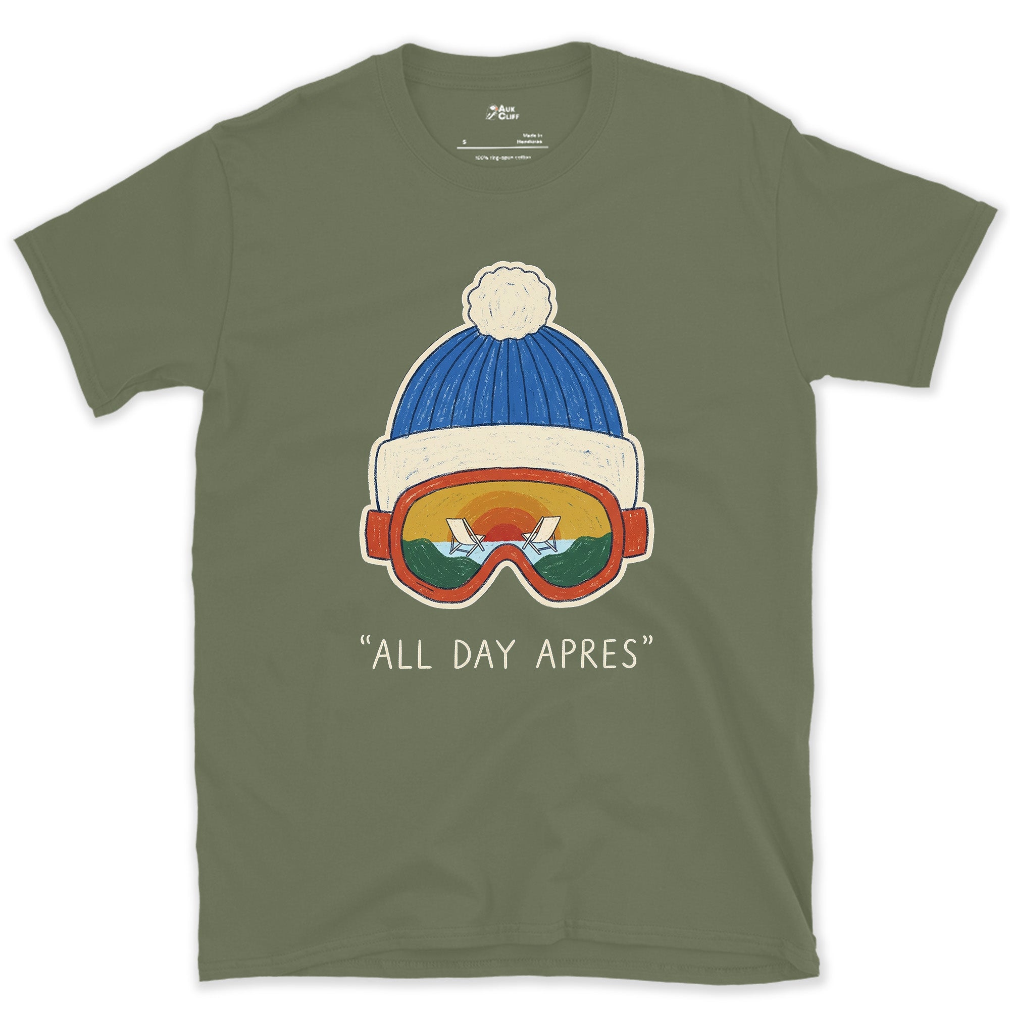 All Day Apres, Beanie and Goggles design on a Military Green Gildan Softstyle t-shirt