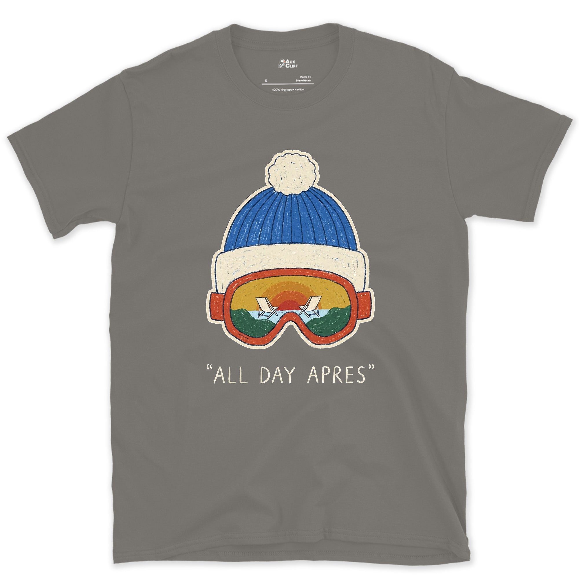 All Day Apres, Beanie and Goggles design on a Charcoal Gildan Softstyle t-shirt