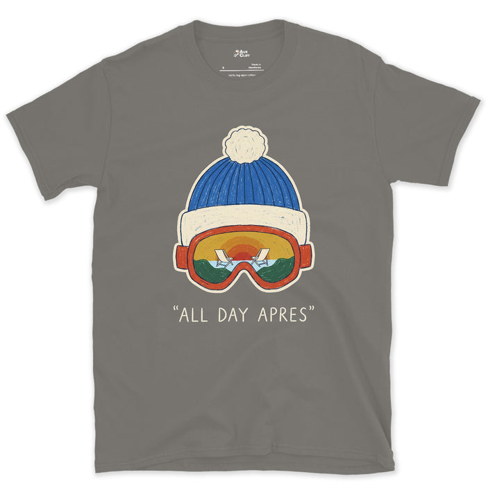 All Day Apres, Beanie and Goggles design on a Charcoal Gildan Softstyle t-shirt