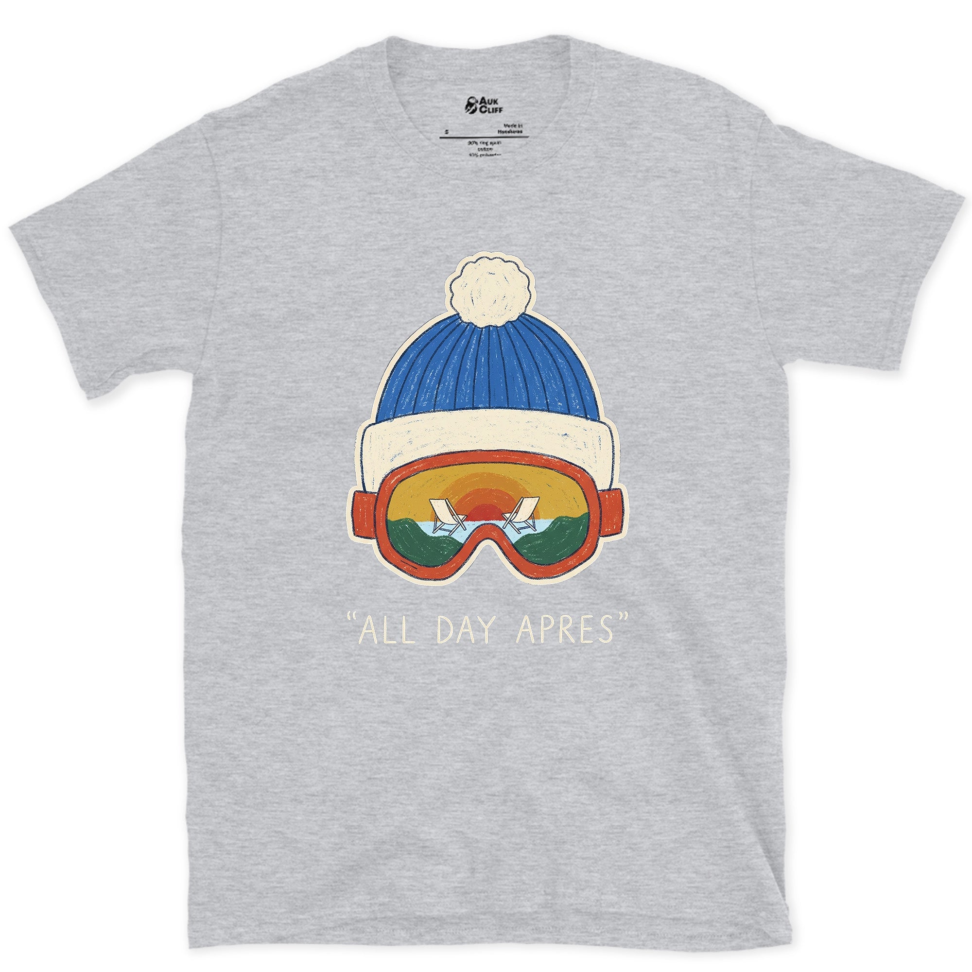 All Day Apres, Beanie and Goggles design on a Sport Grey Gildan Softstyle t-shirt