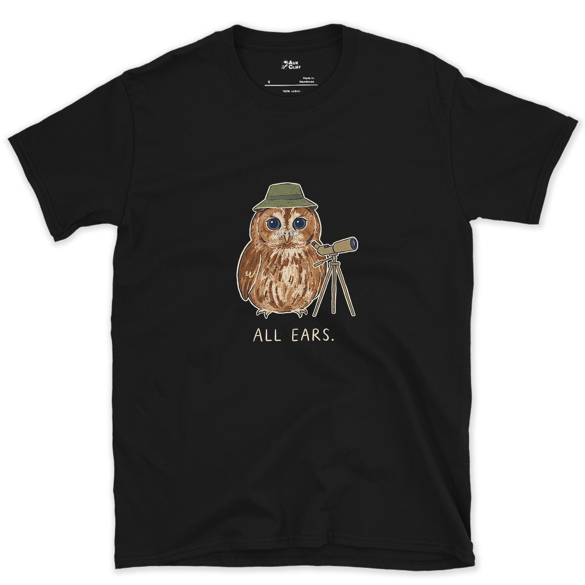 Owl Bird Spotter design on a Black Gildan Softstyle t-shirt