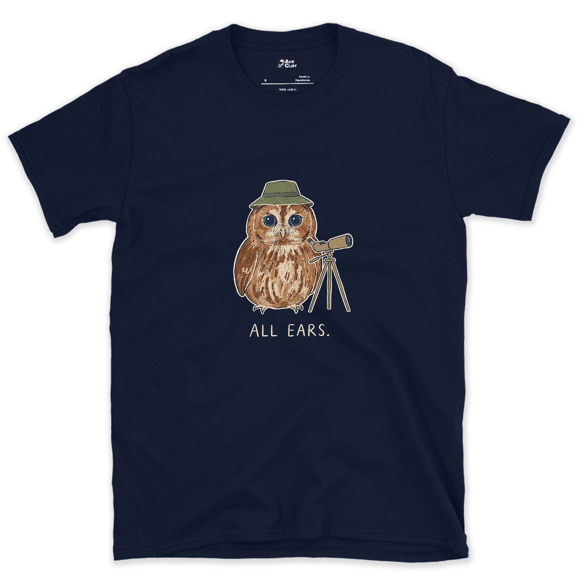 Owl Bird Spotter design on a Navy Gildan Softstyle t-shirt