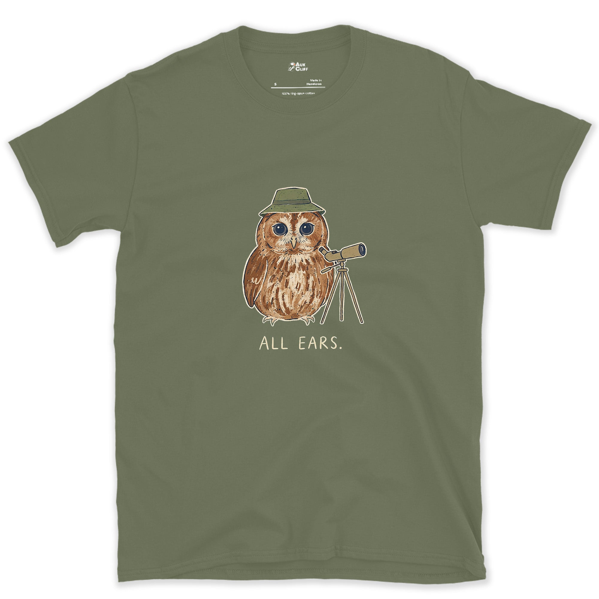 Owl Bird Spotter design on a Military Green Gildan Softstyle t-shirt