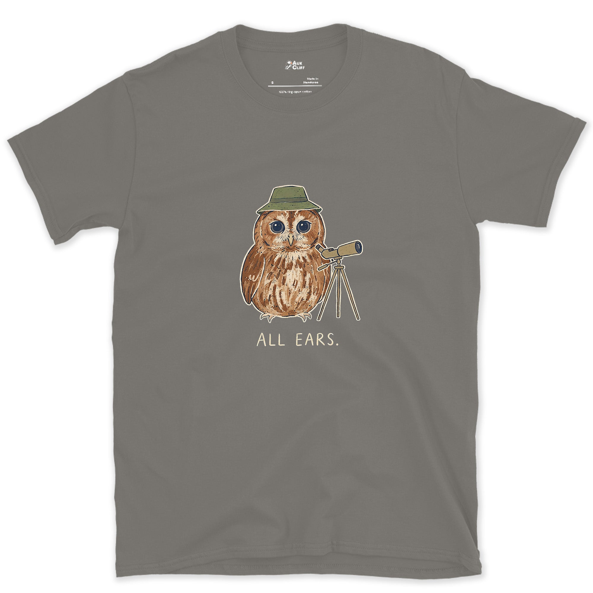 Owl Bird Spotter design on a Charcoal Gildan Softstyle t-shirt