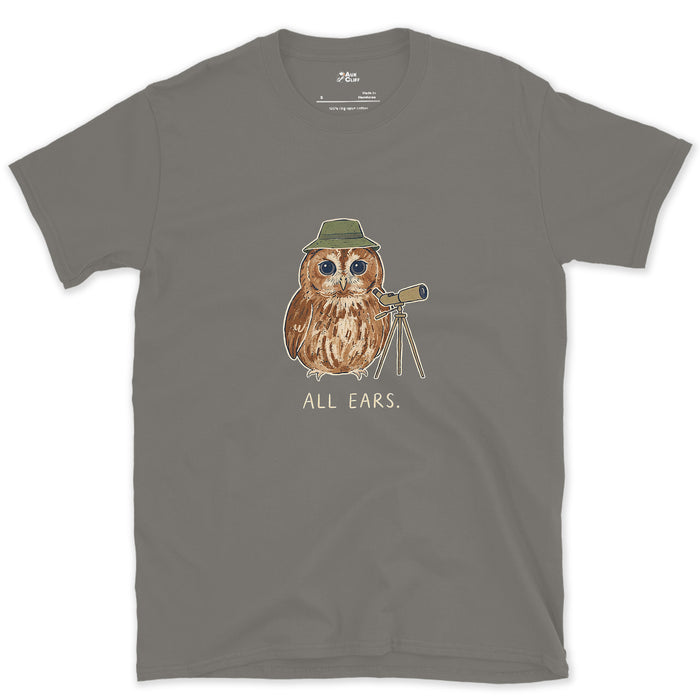 Owl Bird Spotter design on a Charcoal Gildan Softstyle t-shirt