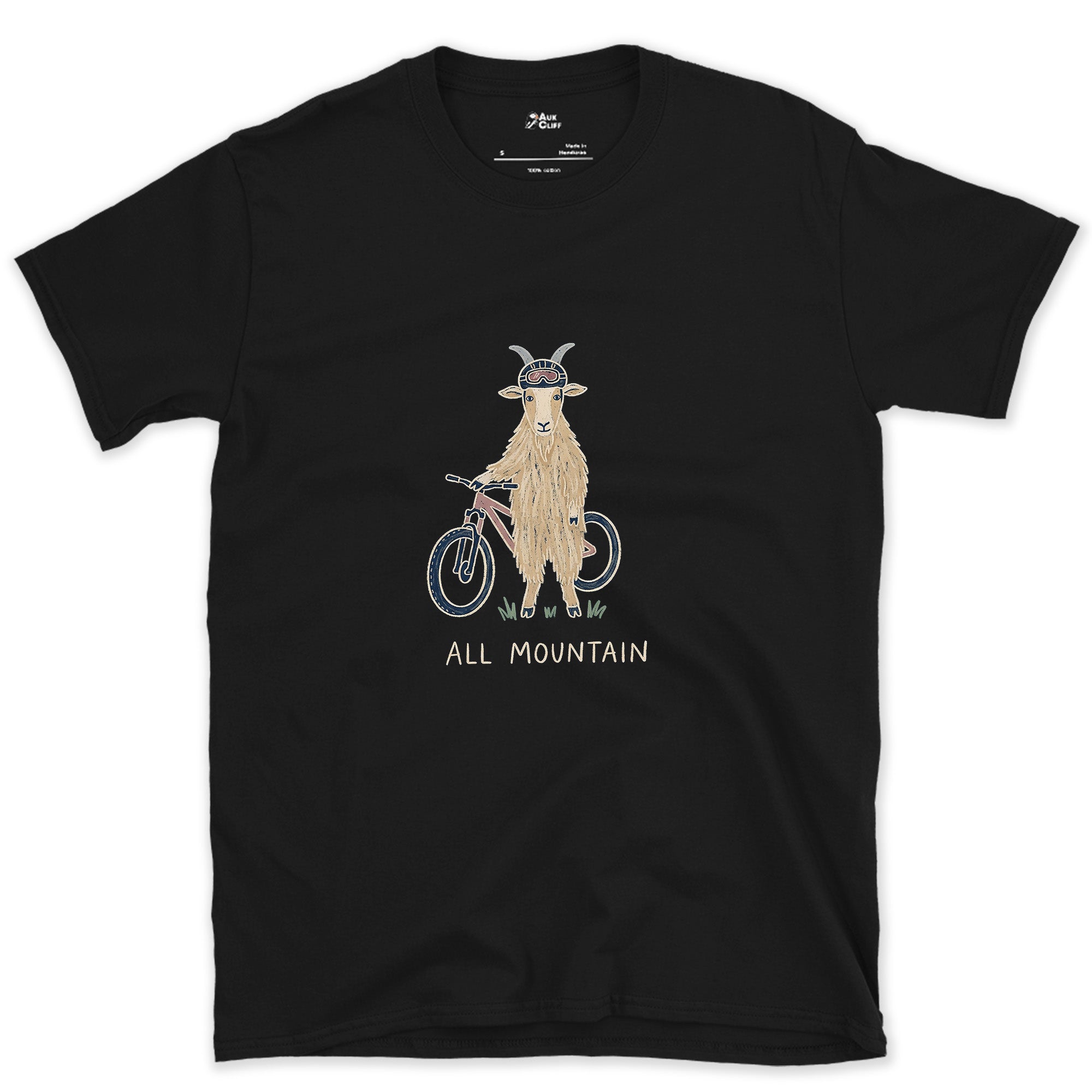 All Mountain, Goat on a Bike design on a Black Gildan Softstyle t-shirt