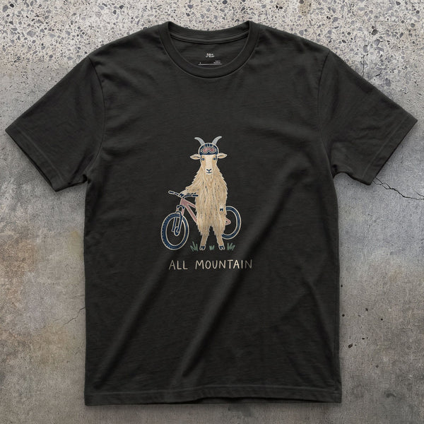All Mountain, Goat on a Bike design on a Black Gildan Softstyle t-shirt