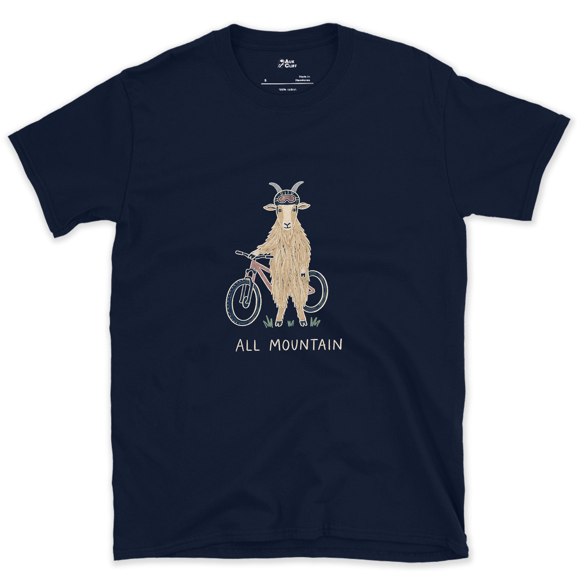 All Mountain, Goat on a Bike design on a Navy Gildan Softstyle t-shirt