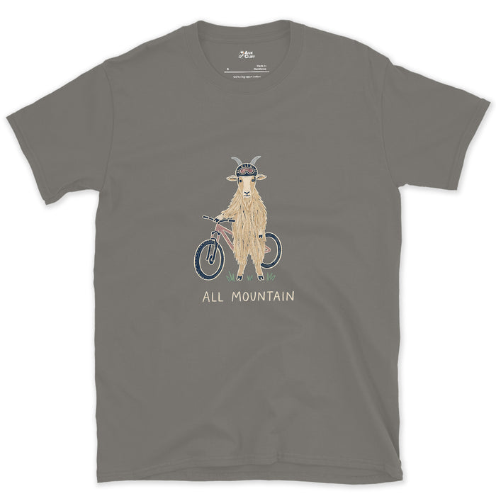 All Mountain, Goat on a Bike design on a Charcoal Gildan Softstyle t-shirt