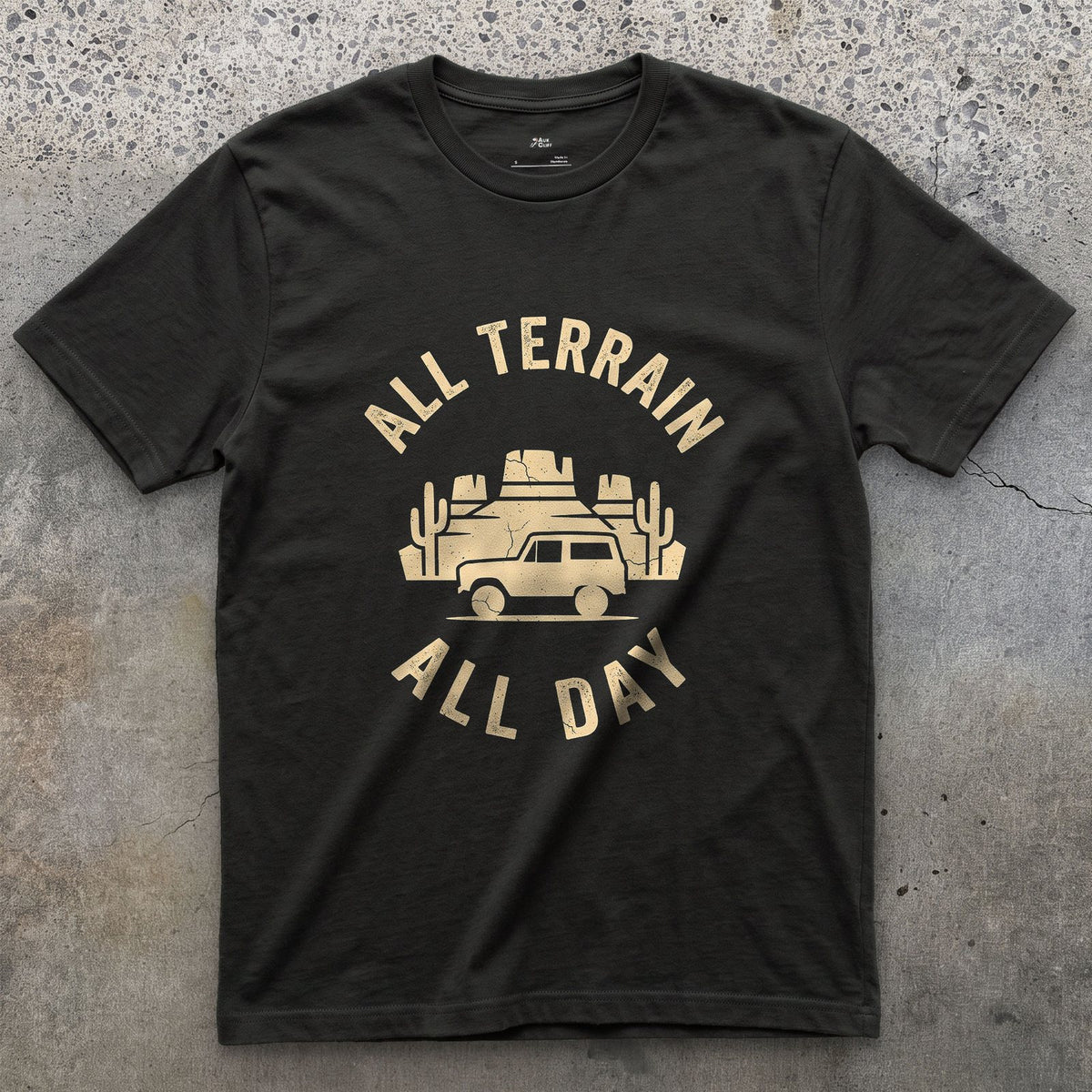 All Terrain All Day, Wagon Among the Mesas design on a Black Gildan Softstyle t-shirt