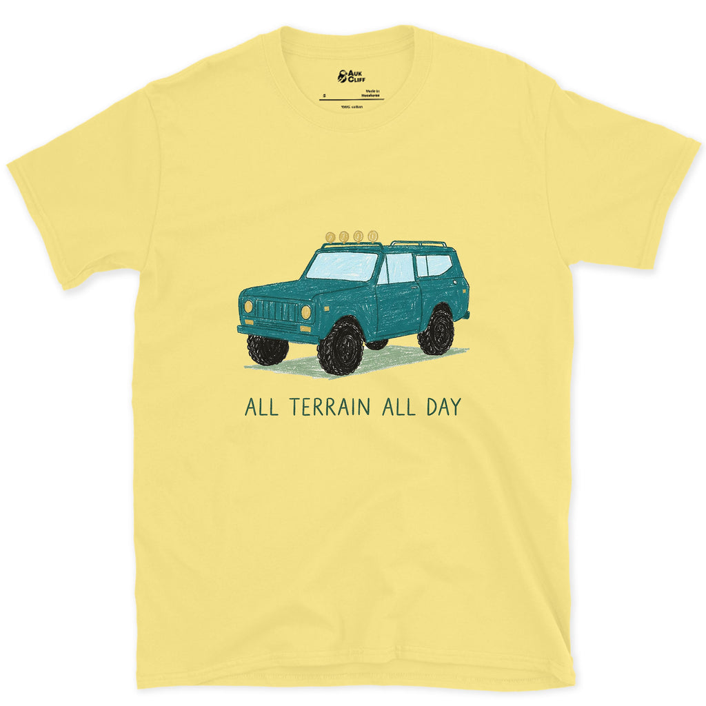 All Terrain All Day, Teal Wagon design on a Cornsilk Gildan Softstyle t-shirt
