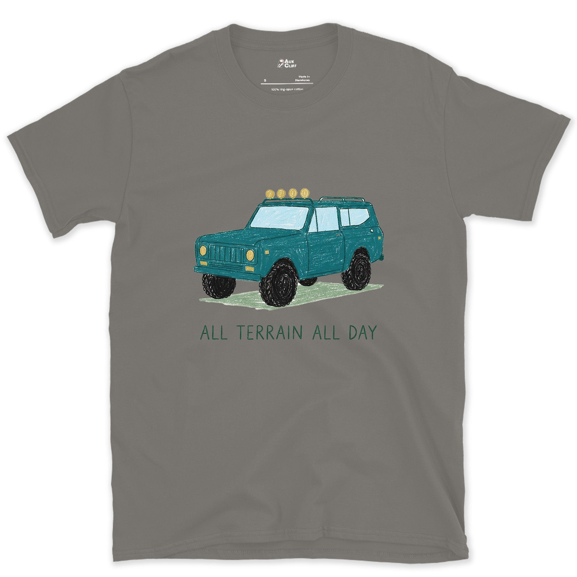 All Terrain All Day, Teal Wagon design on a Charcoal Gildan Softstyle t-shirt